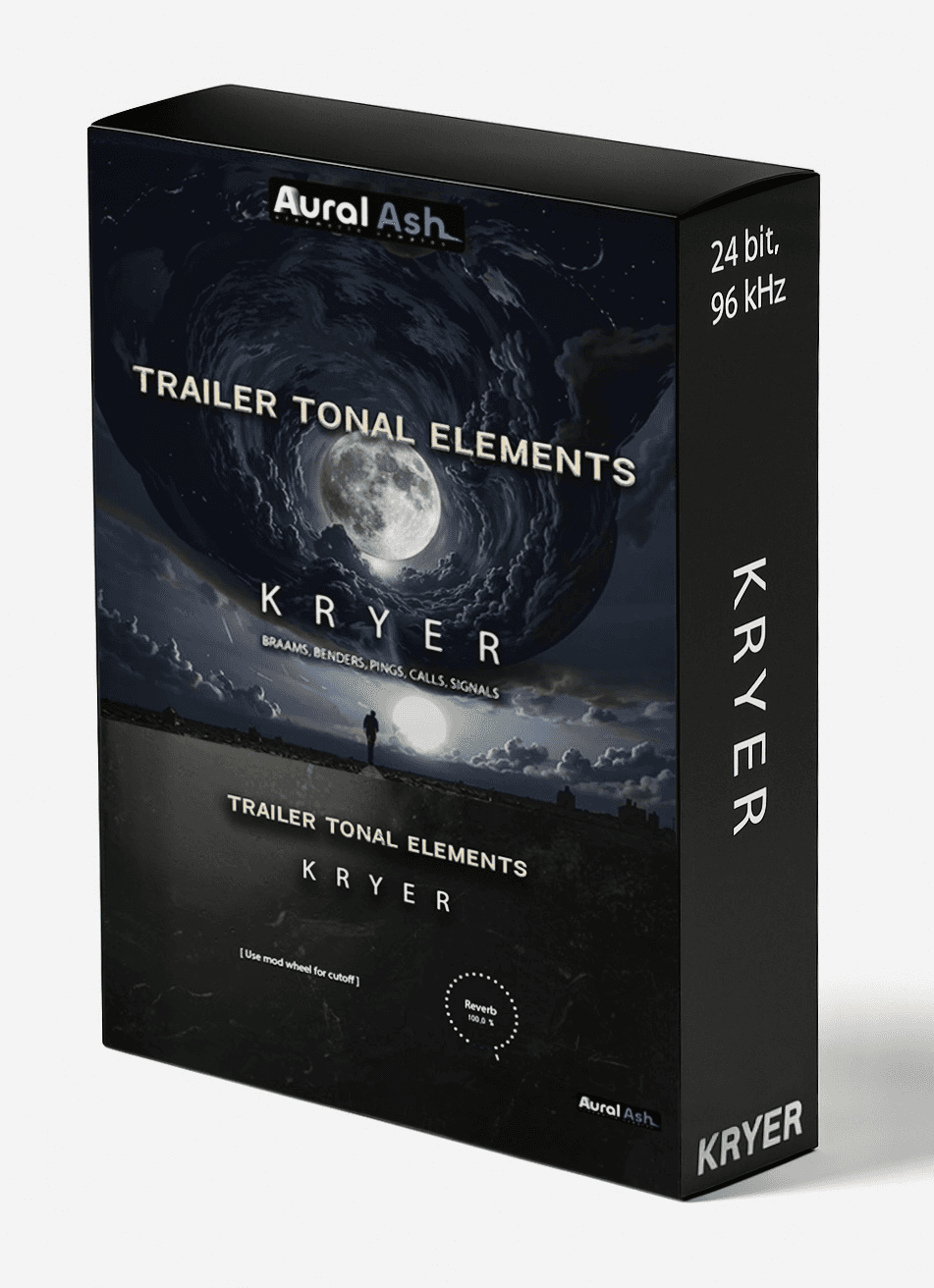 KRYER Trailer Tonal Elements Kontakt Library cover artwork with a moon-lit creature above a violet landscape.
